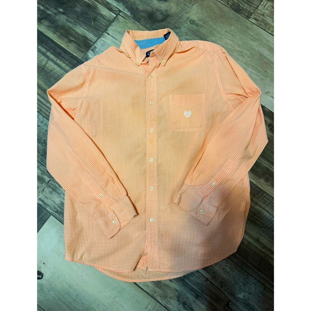 Chaps Mens Orange White Gingham Check Button Down Shirt Preppy Coastal Casual L